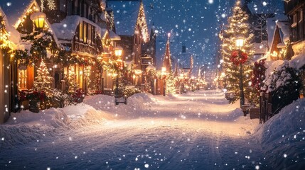 Snowy Winter Street with Holiday Decorations at Night