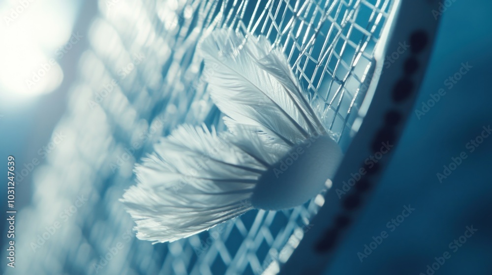 Poster close-up of a badminton shuttlecock resting on a racket's strings against a blue background.