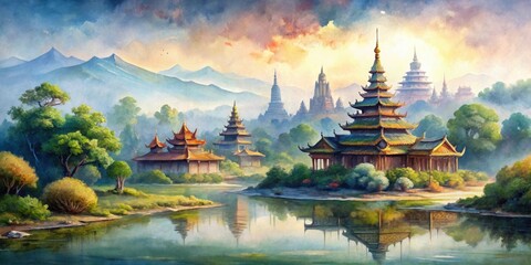 Watercolor painting of a serene landscape with temples , watercolor, landscape, temples, serene, peaceful, artwork, painting