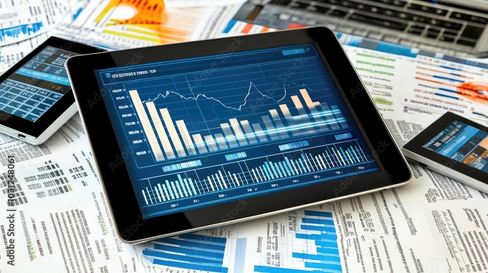 Poster analytical data insights on digital tablet display