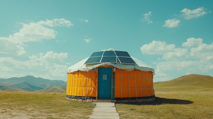 Traditional Mongolian Yurt with Solar Panels on Grassy Meadow