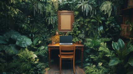 Fototapeta premium Green Wall Office Laptop Desk Plants Nature Work from Home
