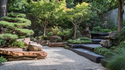 Fototapeta premium Tranquil Zen Garden with Stone Steps Gravel Path and Lush Greenery