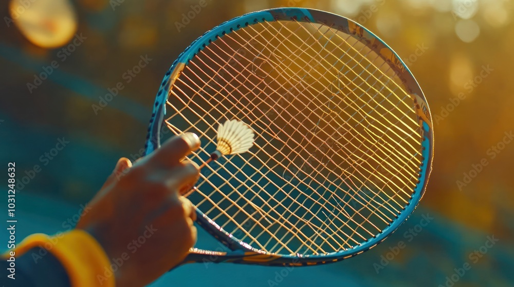 Poster a hand holding a badminton racket with a shuttlecock on the strings, set against a blurred backgroun