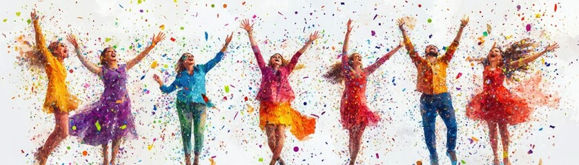 Fototapeta premium Group of happy friends celebrating joyfully, covered in vibrant colors during a fun festival or party.