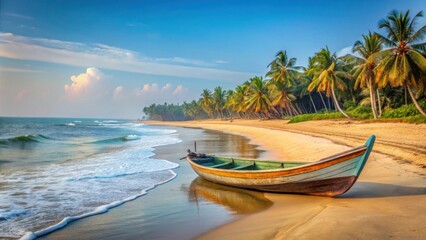 Naklejka premium Fishing boat moored at a tranquil beach in Kerala, India, fishing boat, Marari beach, Alappuzha, Kerala, India, tranquil, serene