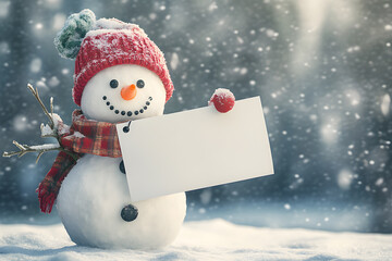 Happy snowman in the winter scenery holding a blank advertising banner
