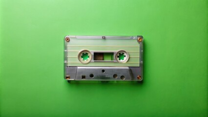 Fototapeta premium Retro audio cassette tape on green background, nostalgia, vintage, music, audio, tape, cassette, old, classic