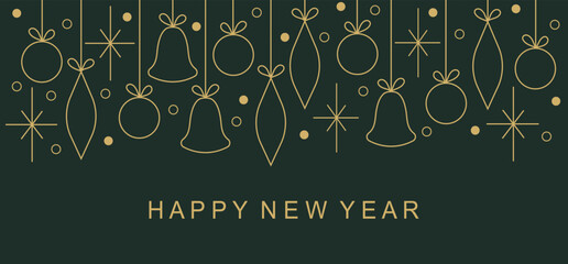 Happy New Year and Merry Christmas holiday cards. Universal artistic templates. Minimalistic vector design with gift boxes, bells, snowflakes and Christmas tree decorations