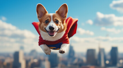A happy corgi dressed as a superhero, leaping over a city skyline, perfect for motivation or action-themed memes