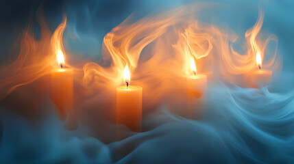 A close-up of four candles burning in a mystical, smoky setting.