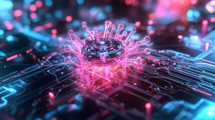 Quantum processor visualization, intricate atomic networks, futuristic lab setting, bright neon lighting, advanced technology
