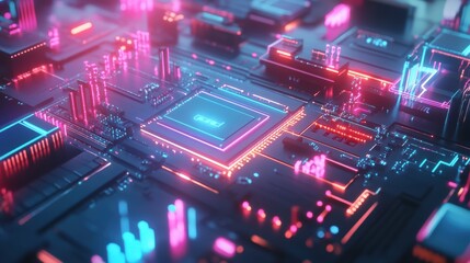 Fototapeta premium Quantum processor visualization, intricate atomic networks, futuristic lab setting, bright neon lighting, advanced technology