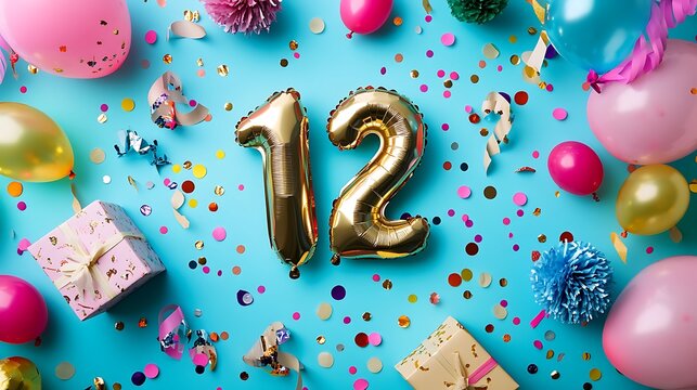 Golden Number Twelve Balloon Decoration with Confetti and Balloons on Blue Background