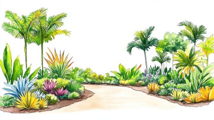 Fototapeta premium Botanical garden sketch layout, intricate plant details, earthy colors, ink and watercolor, lush and detailed