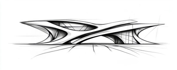 Fototapeta premium Architectural concept sketch, futuristic building layout, pencil and charcoal, black and white, abstract details