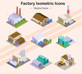 Isometric icons representing various factory operations and industrial machines.