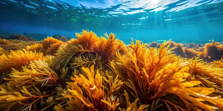 Close up of Japanese wireweed seaweed Sargassum muticum in the ocean, Galicia, Spain, Japanese