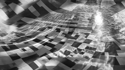 black and white photo style, shimmering pool water texture with rippling caustics and shadow play