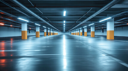 Modern underground parking lot with a white painted floor, LED lighting