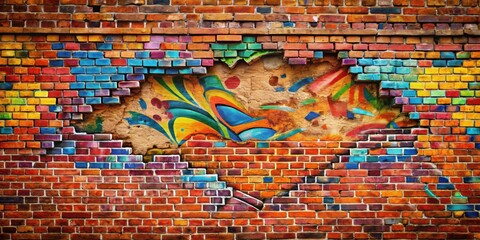 Fototapeta premium Interesting gap in a brick wall covered with vibrant graffiti , urban, street art, graffiti, brick wall, unique