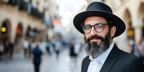 Orthodox jewish man in traditional costume on the street. Jewish memory day. Hanukkah, Passover, Shavuot, Yom Kippur holiday. Happy Independence Day of Israel