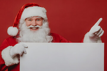 Naklejka premium Christmas or holiday card with Santa Claus Holding a Blank White Sign
