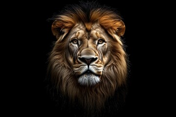 A stunning, hyper-realistic image of a lion gazing directly into the camera, its regal mane softly glowing against a black background.