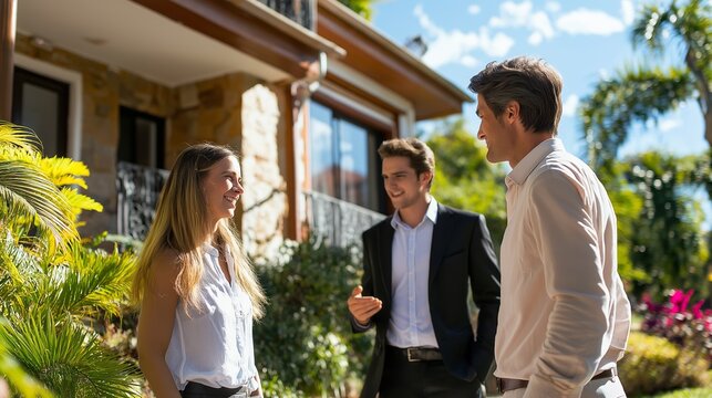 A real estate agent presents a luxury property to prospective buyers during a sunny afternoon outside a stunning home