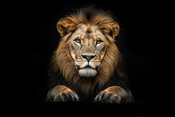 Naklejka premium A stunning, hyper-realistic image of a lion gazing directly into the camera, its regal mane softly glowing against a black background.