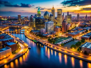 Obraz premium Aerial Tilt-Shift Photography of Philadelphia's Nighttime City Lights