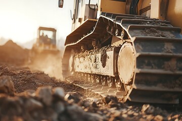 A close-up of a bulldozer's massive steel blade pushing rubble