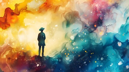 A lone figure contemplates a colorful abstract cosmos.