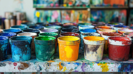 front, horizontal view,an array of paint pots