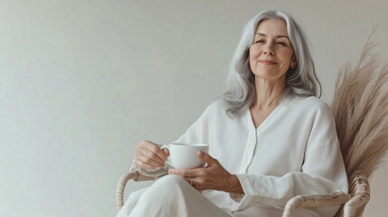 An elderly woman with silver hair, sitting comfortably in a chair with a relaxed and content expression, holding a cup of tea