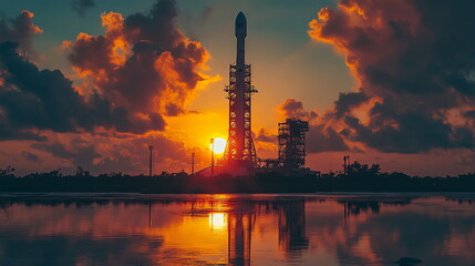 Obraz premium Dawn of Space Exploration with a Rocket in the Golden Sky
