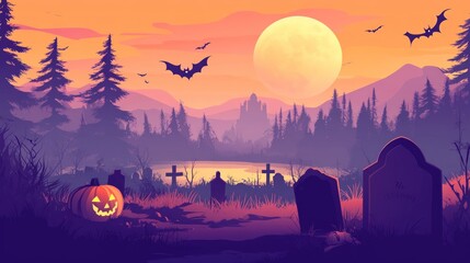 A spooky Halloween night scene with a graveyard, full moon, bats, and a jack-o-lantern.