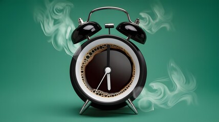 an alarm clock with a cup of black coffee instead of a traditional clock face