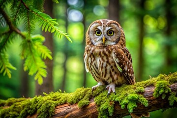 Obraz premium Aerial View of a Camouflaged Owl on a Tree Branch in Natural Habitat