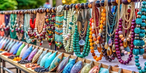 Handmade gemstone necklaces on display at an outdoor market, handcrafted, jewelry, artisan