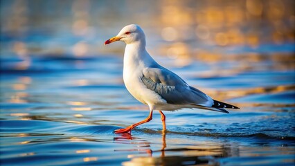 Fototapeta premium Lonely seagull walking on water in a lake, sea, ocean, or river
