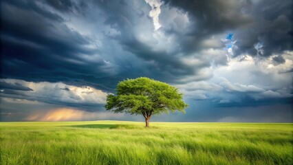 Obraz premium Lonely small tree standing in grass field during storm