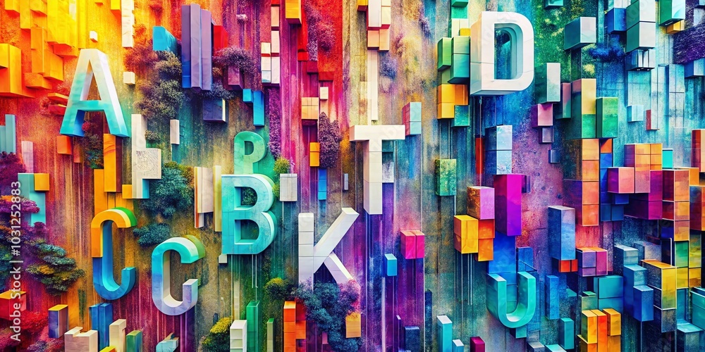 Poster aerial view of alphabet with distorted glitch effect in sliced white font for digital art projects