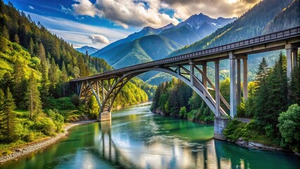 Fototapeta premium long bridge over river in mountains with shallow depth of field