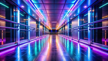 Fototapeta premium Long empty hallway with neon lights handrails and light reflection on waxed floor surface Worm's Eye View