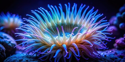 Fototapeta premium Anemone sea creature illuminated in macro night shot, anemone, sea creature, underwater, marine life, night shot, close-up