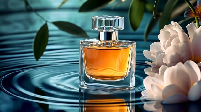 Elegant Perfume Bottle on Reflective Water Surface