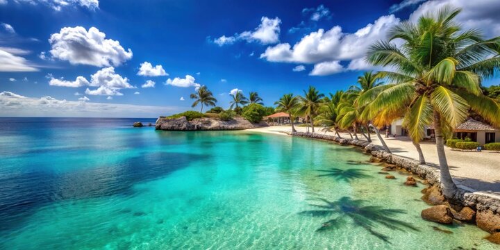 Beach landscape with clear blue water and palm trees at Mambo Beach in Willemstad, Curacao