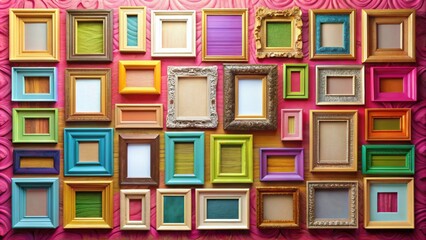 Vibrant arrangement of empty picture frames on a wall , colorful, various sizes, art, interior design, gallery, decor