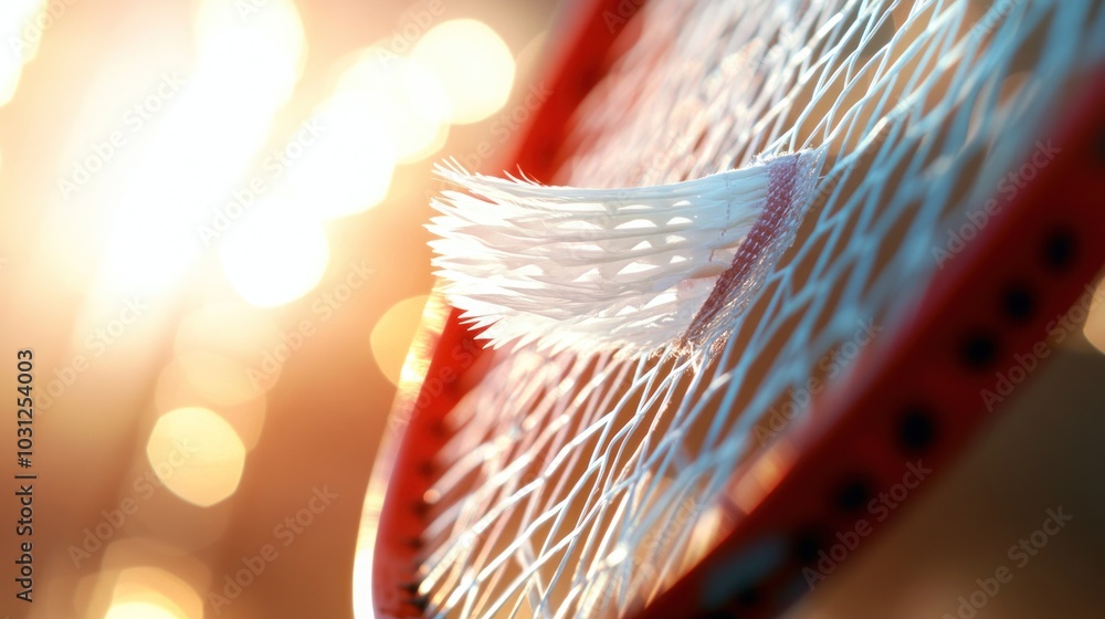 Poster close-up of a badminton racket with a shuttlecock in the strings, blurred background.